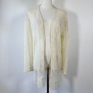 Others Follow Lace Kimono Cardigan XS Cream Fringe Boho Sheer chic Bell Sleeve